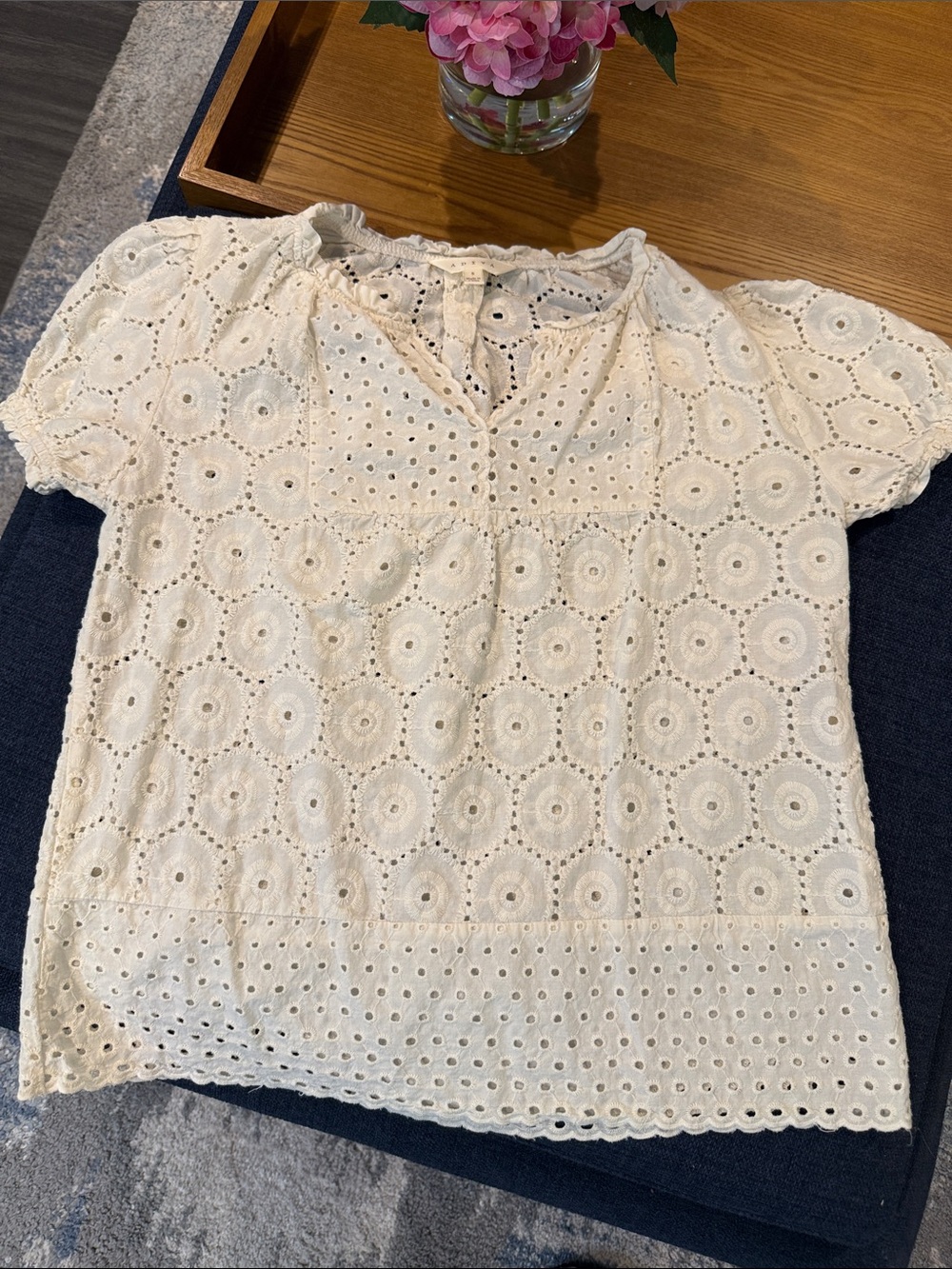 Adiva Cream Eyelet Eyelet Lace Short Sleeve Blouse